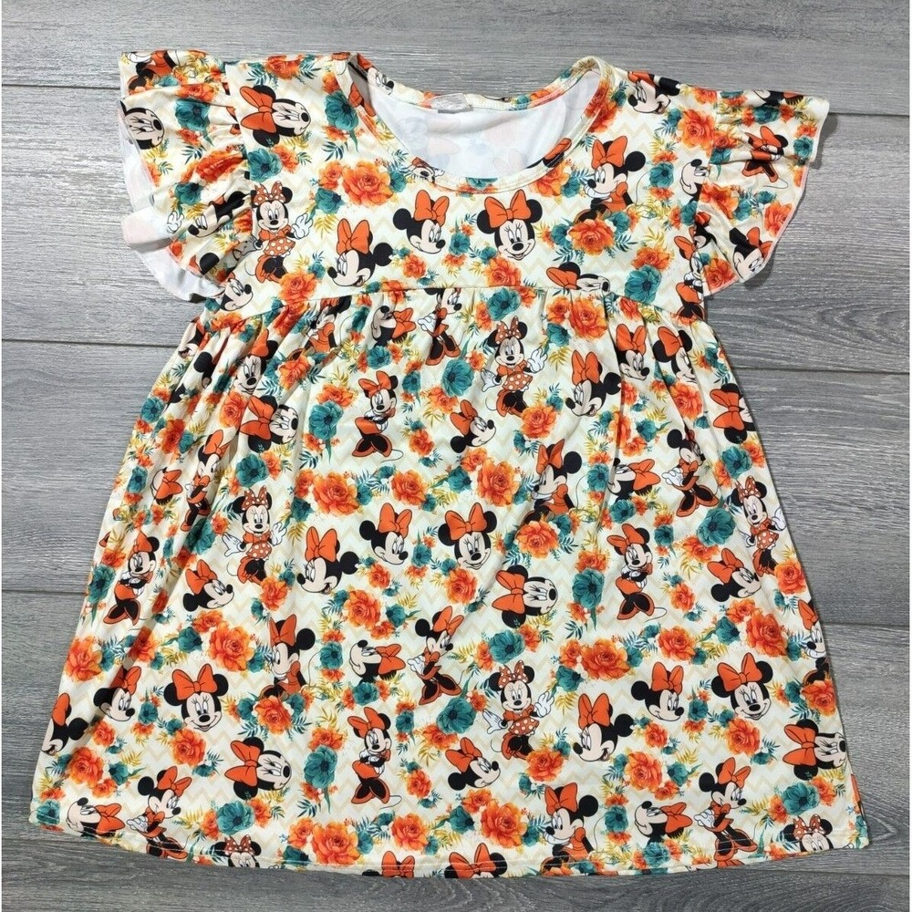 Girls XL Minnie Mouse Floral Spring Ruffle Sleeve Dress Yellow Orange Sundress